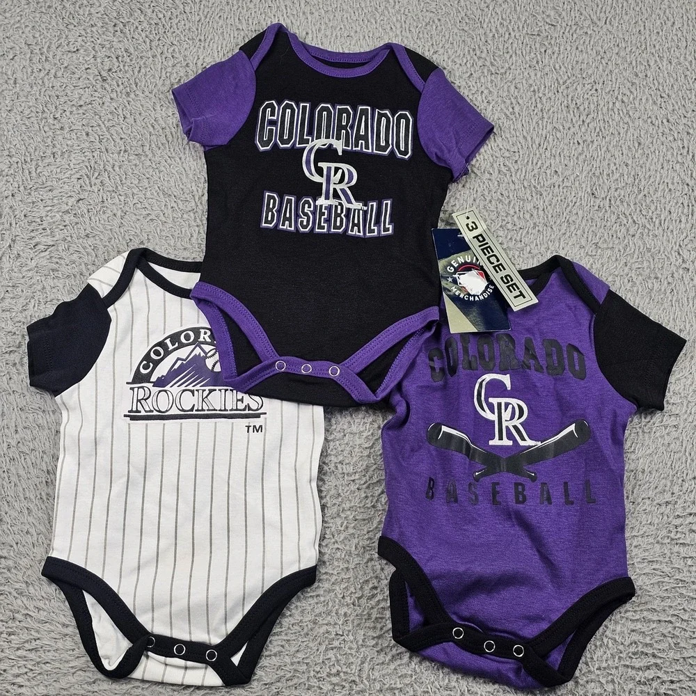 Colorado Rockies Shirt Bodysuit Boys 0-3M Purple MLB Genuine Merchandise 3 Piece